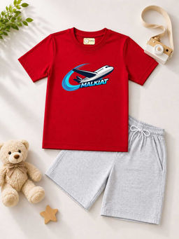 MALKIAT - Kids Red Pure Cotton Graphic Printed T-shirt and Shorts