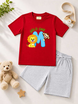 MALKIAT - Kids Red Pure Cotton Graphic Printed T-shirt and Shorts