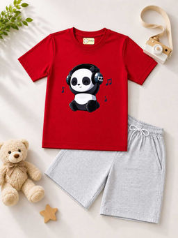 MALKIAT - Kids Red Pure Cotton Graphic Printed T-shirt and Shorts