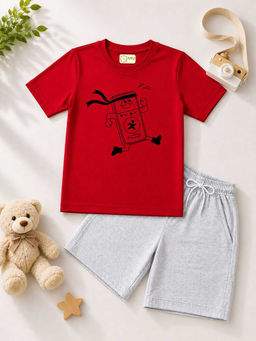 MALKIAT - Kids Red Pure Cotton Graphic Printed T-shirt and Shorts
