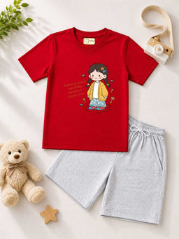 MALKIAT - Kids Red Pure Cotton Graphic Printed T-shirt and Shorts