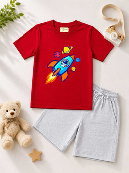MALKIAT - Kids Red Pure Cotton Graphic Printed T-shirt and Shorts