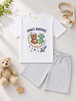MALKIAT - Kids White Pure Cotton Graphic Printed T-shirt and Shorts