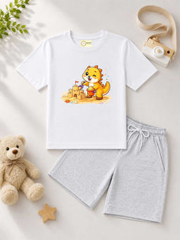 MALKIAT - Kids White Pure Cotton Graphic Printed T-shirt and Shorts