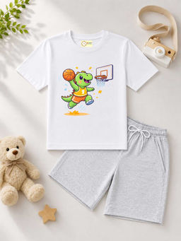 MALKIAT - Kids White Pure Cotton Graphic Printed T-shirt and Shorts