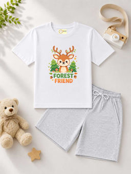 MALKIAT - Kids White Pure Cotton Graphic Printed T-shirt and Shorts