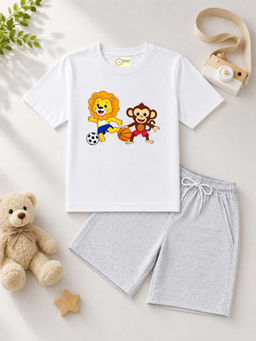 MALKIAT - Kids White Pure Cotton Graphic Printed T-shirt and Shorts