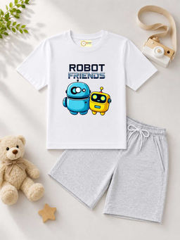 MALKIAT - Kids White Pure Cotton Graphic Printed T-shirt and Shorts
