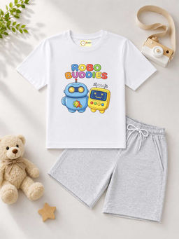 MALKIAT - Kids White Pure Cotton Graphic Printed T-shirt and Shorts