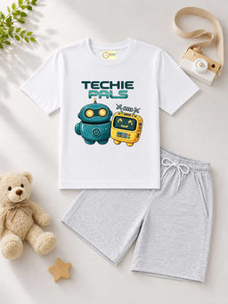 MALKIAT - Kids White Pure Cotton Graphic Printed T-shirt and Shorts