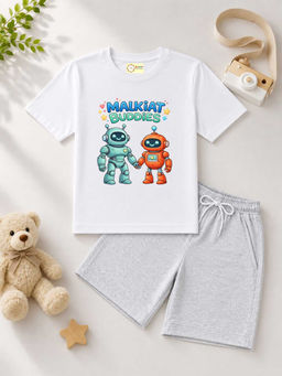 MALKIAT - Kids White Pure Cotton Graphic Printed T-shirt and Shorts