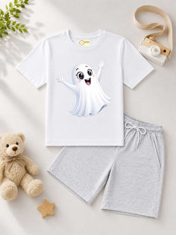 MALKIAT - Kids White Pure Cotton Graphic Printed T-shirt and Shorts