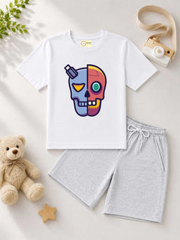MALKIAT - Kids White Pure Cotton Graphic Printed T-shirt and Shorts