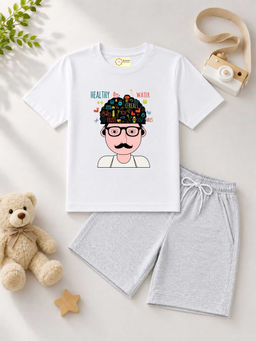 MALKIAT - Kids White Pure Cotton Graphic Printed T-shirt and Shorts