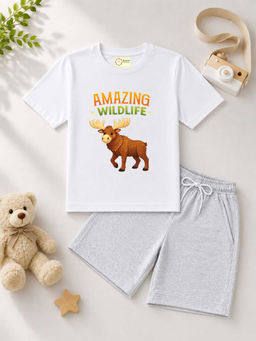 MALKIAT - Kids White Pure Cotton Graphic Printed T-shirt and Shorts