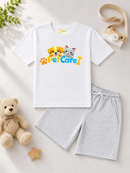 MALKIAT - Kids White Pure Cotton Graphic Printed T-shirt and Shorts