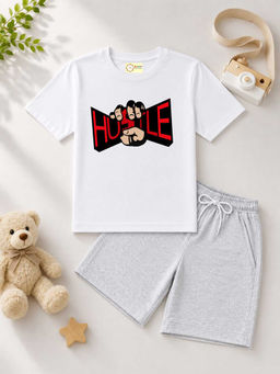 MALKIAT - Kids White Pure Cotton Graphic Printed T-shirt and Shorts