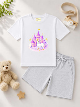 MALKIAT - Kids White Pure Cotton Graphic Printed T-shirt and Shorts
