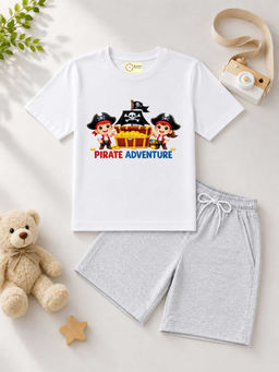 MALKIAT - Kids White Pure Cotton Graphic Printed T-shirt and Shorts