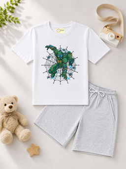 MALKIAT - Kids White Pure Cotton Graphic Printed T-shirt and Shorts