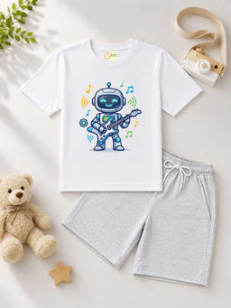 MALKIAT - Kids White Pure Cotton Graphic Printed T-shirt and Shorts