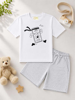 MALKIAT - Kids White Pure Cotton Graphic Printed T-shirt and Shorts