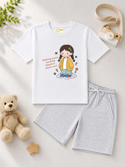 MALKIAT - Kids White Pure Cotton Graphic Printed T-shirt and Shorts