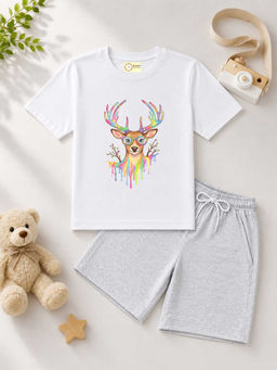 MALKIAT - Kids White Pure Cotton Graphic Printed T-shirt and Shorts