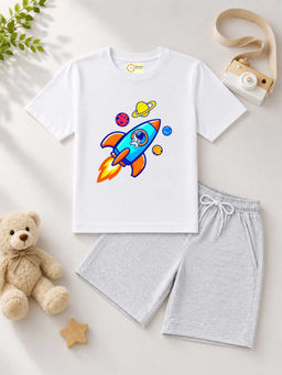 MALKIAT - Kids White Pure Cotton Graphic Printed T-shirt and Shorts
