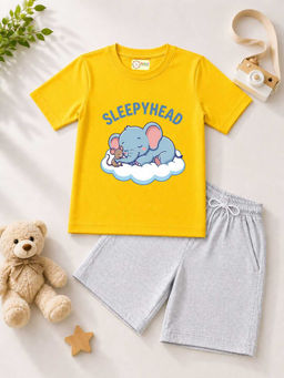 MALKIAT - Kids Yellow Pure Cotton Graphic Printed T-shirt and Shorts