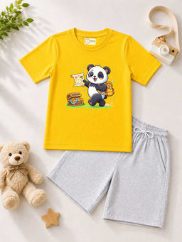 MALKIAT - Kids Yellow Pure Cotton Graphic Printed T-shirt and Shorts