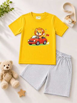 MALKIAT - Kids Yellow Pure Cotton Graphic Printed T-shirt and Shorts