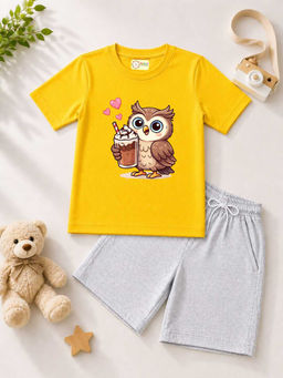 MALKIAT - Kids Yellow Pure Cotton Graphic Printed T-shirt and Shorts