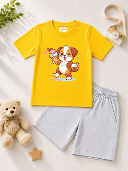 MALKIAT - Kids Yellow Pure Cotton Graphic Printed T-shirt and Shorts