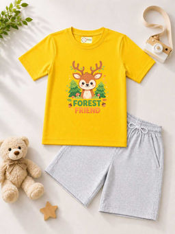 MALKIAT - Kids Yellow Pure Cotton Graphic Printed T-shirt and Shorts
