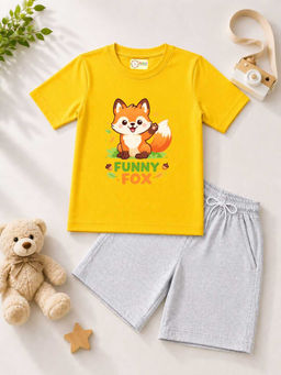 MALKIAT - Kids Yellow Pure Cotton Graphic Printed T-shirt and Shorts