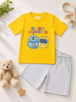 MALKIAT - Kids Yellow Pure Cotton Graphic Printed T-shirt and Shorts