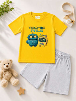 MALKIAT - Kids Yellow Pure Cotton Graphic Printed T-shirt and Shorts