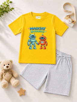 MALKIAT - Kids Yellow Pure Cotton Graphic Printed T-shirt and Shorts