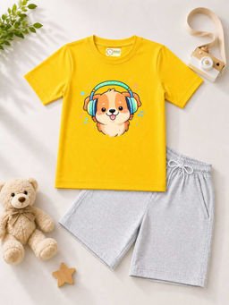 MALKIAT - Kids Yellow Pure Cotton Graphic Printed T-shirt and Shorts