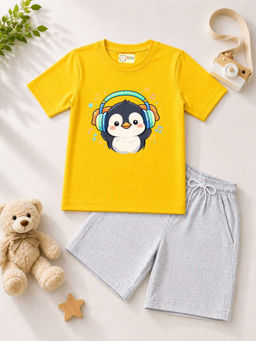 MALKIAT - Kids Yellow Pure Cotton Graphic Printed T-shirt and Shorts