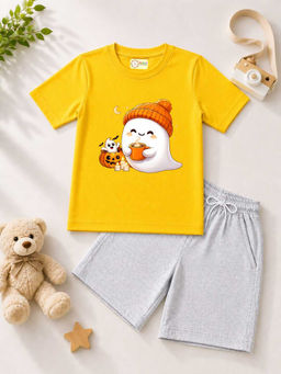 MALKIAT - Kids Yellow Pure Cotton Graphic Printed T-shirt and Shorts