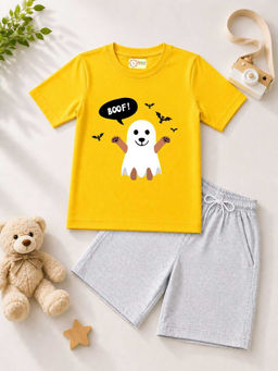 MALKIAT - Kids Yellow Pure Cotton Graphic Printed T-shirt and Shorts