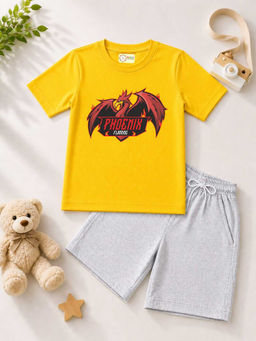 MALKIAT - Kids Yellow Pure Cotton Graphic Printed T-shirt and Shorts