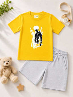 MALKIAT - Kids Yellow Pure Cotton Graphic Printed T-shirt and Shorts