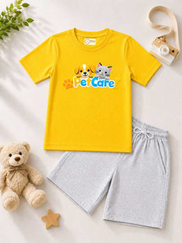 MALKIAT - Kids Yellow Pure Cotton Graphic Printed T-shirt and Shorts
