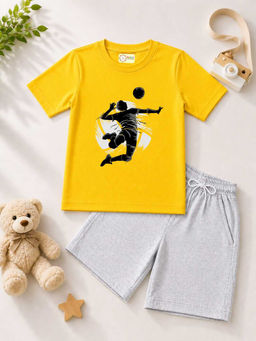 MALKIAT - Kids Yellow Pure Cotton Graphic Printed T-shirt and Shorts