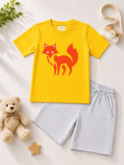 MALKIAT - Kids Yellow Pure Cotton Graphic Printed T-shirt and Shorts