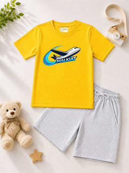MALKIAT - Kids Yellow Pure Cotton Graphic Printed T-shirt and Shorts