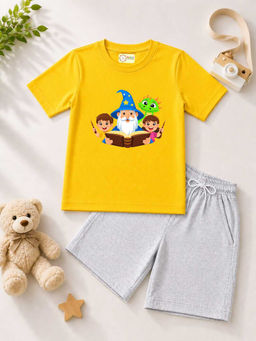 MALKIAT - Kids Yellow Pure Cotton Graphic Printed T-shirt and Shorts